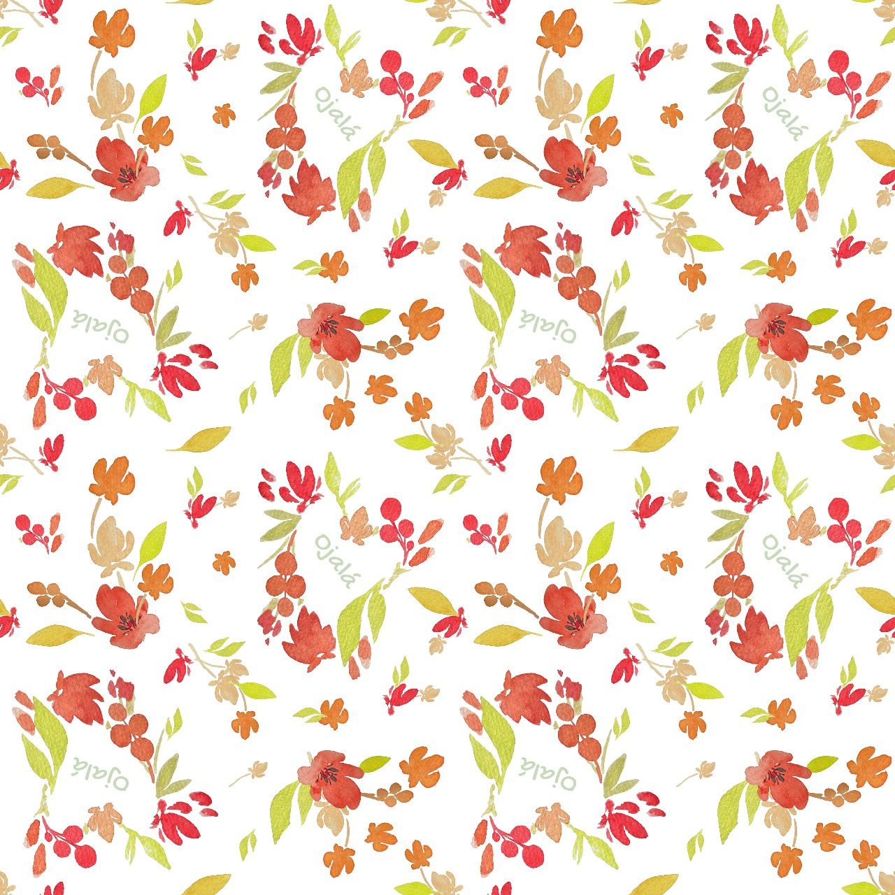 Patrón floral de acuarela con flores rojas, naranjas y amarillas y hojas verdes sobre un fondo blanco.