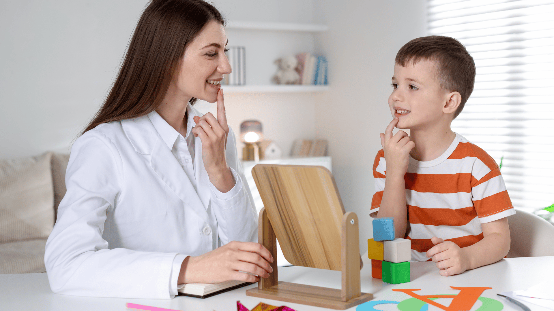 Speech and language therapy session with a therapist providing personalized communication support and skill development