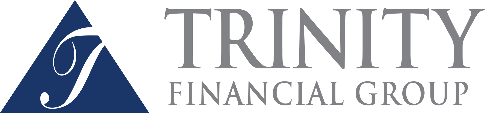 Logo for Trinity Financial Group. A dark blue triangle with a white 