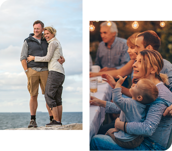 Couple hugging by the ocean. Family at outdoor dinner, child pointing up.