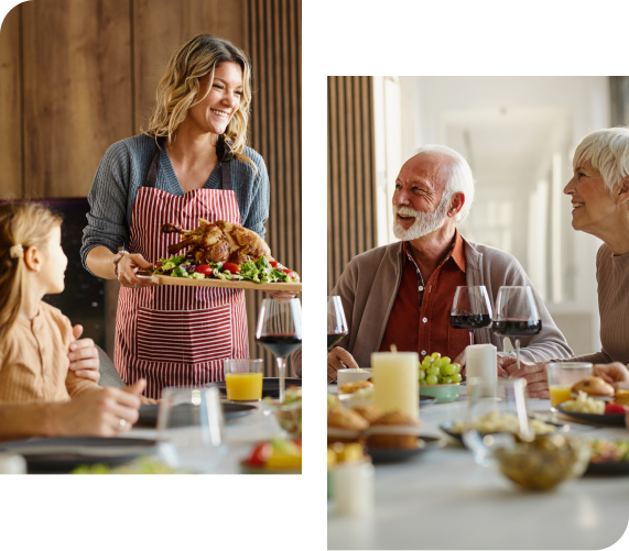 Woman serving roast turkey at a family dinner table; elderly couple smiles.
