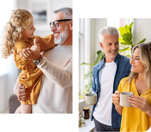 A person holding a child and dancing; A couple holding mugs, looking at each other by a window.