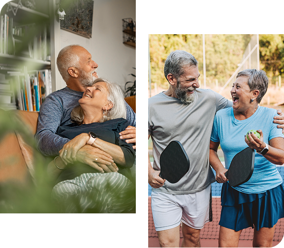 Older couple on a couch and playing pickleball, smiling and embracing.