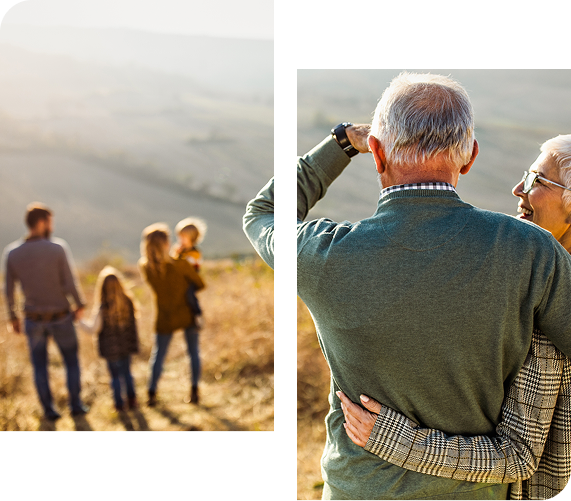 Left: Family hiking. Right: Elderly couple looking at view.