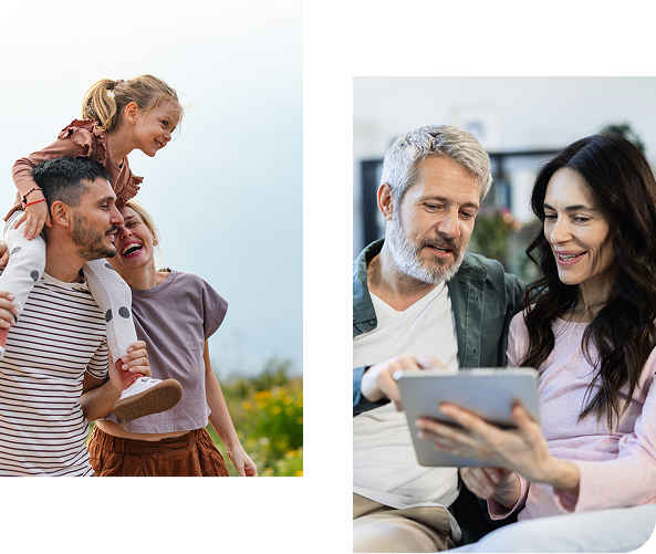 Family playing outdoors; Couple looking at tablet.