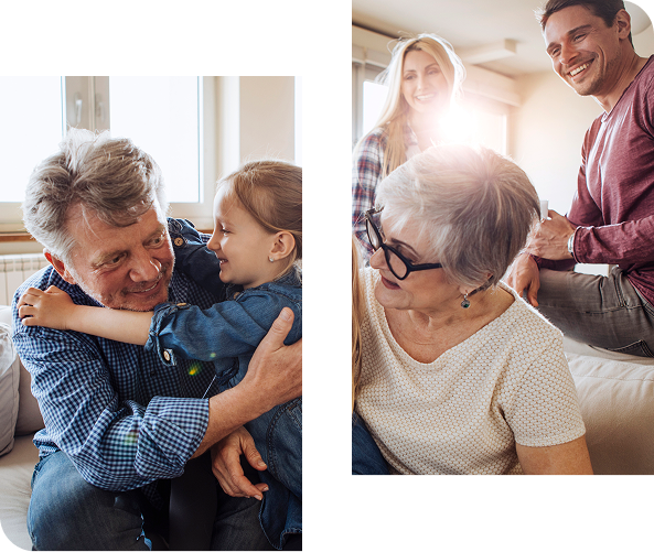 Grandfather hugging granddaughter; grandmother with family indoors. Warm smiles, natural light.