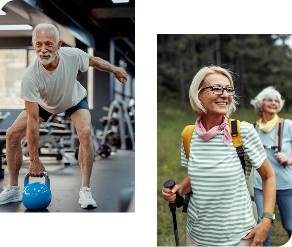 Man lifting a kettlebell at gym; two women hiking in a forest.