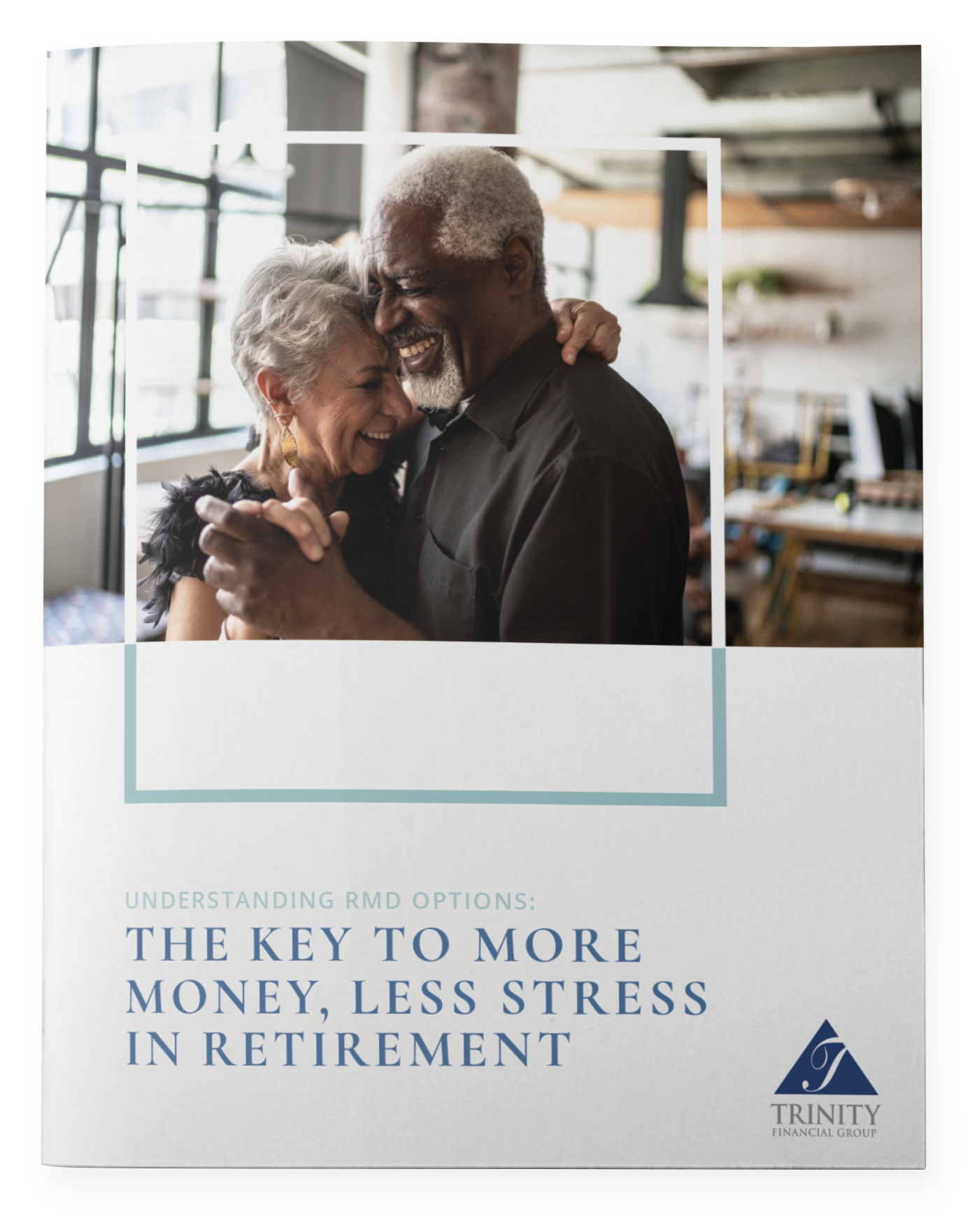 Elderly couple dancing; white pamphlet with title