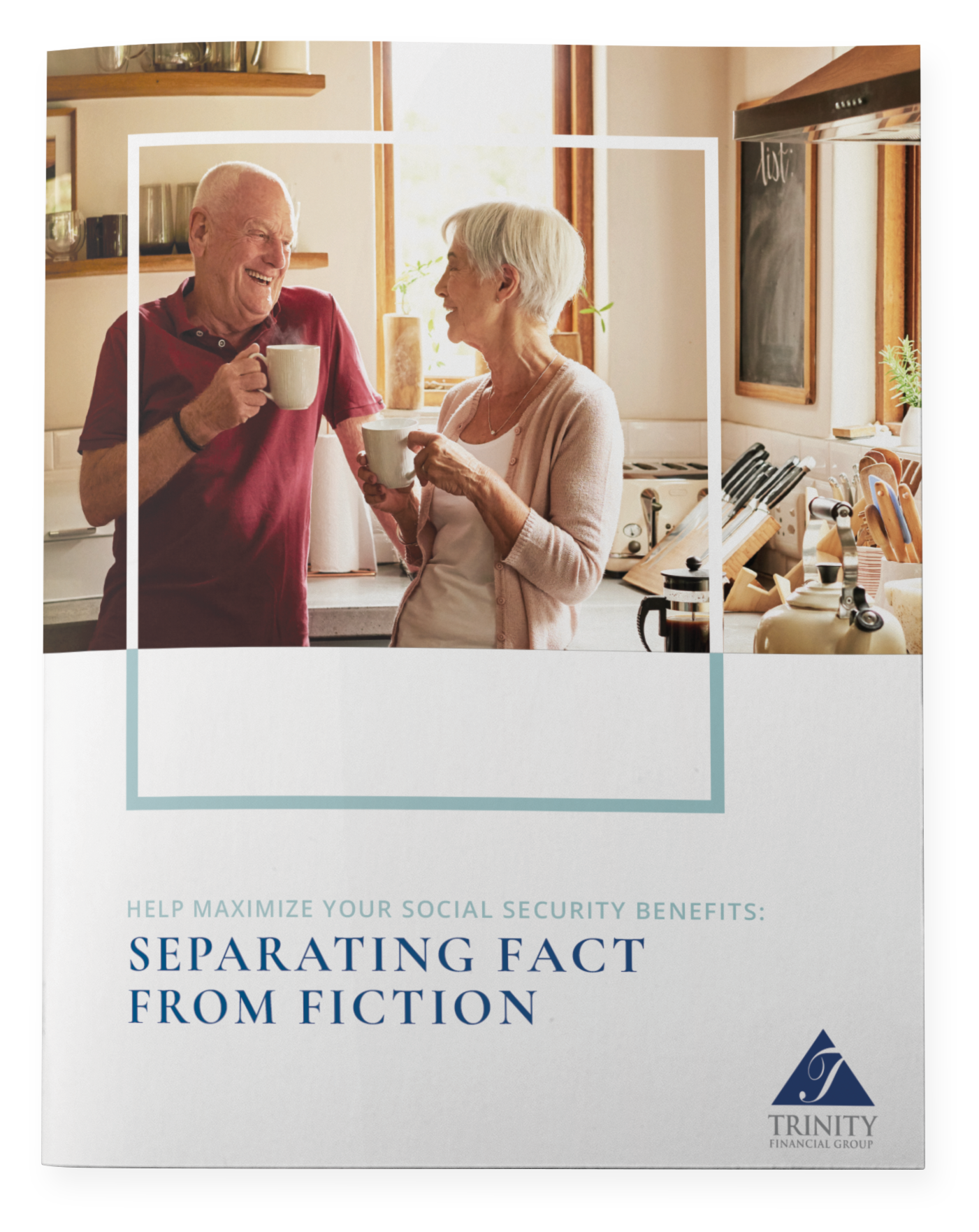 Couple in kitchen, holding mugs, smiling. Text: Separating Fact from Fiction. Trinity Financial logo.