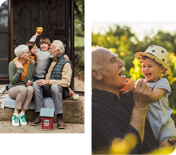 Two photos: Grandparents with grandchildren, and grandparent with baby.