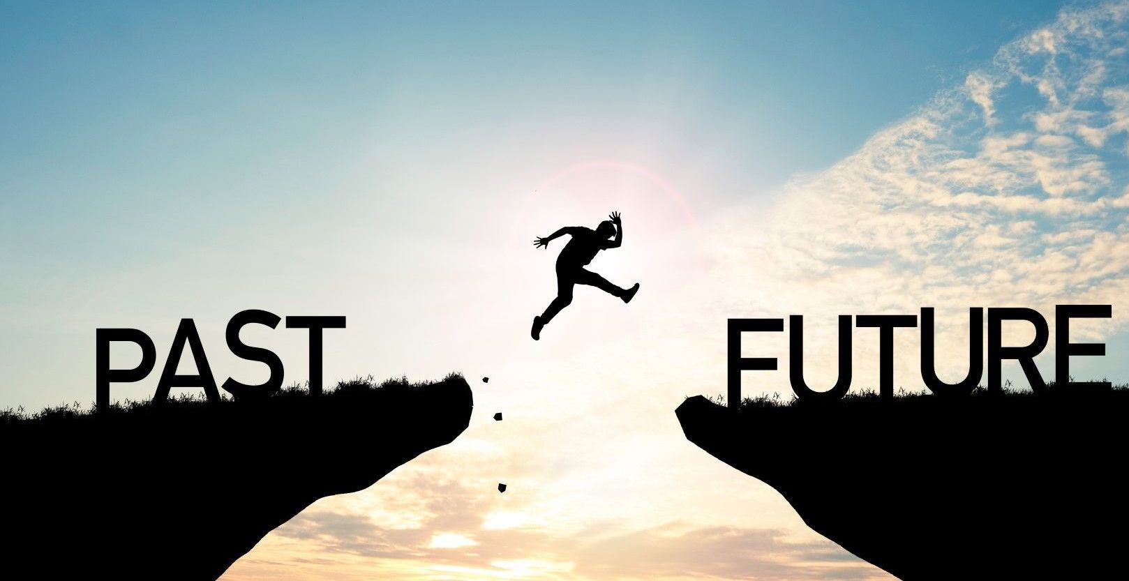 A man is jumping over a cliff between past and future.