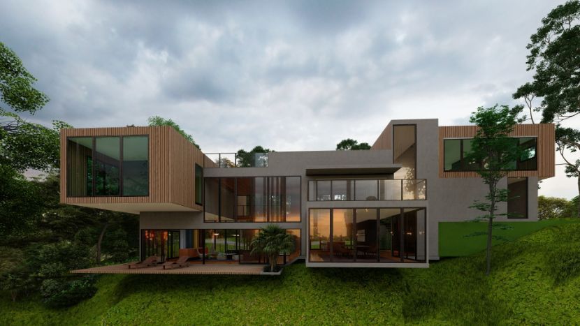 A Large House is Sitting on Top of a Hill Surrounded by Trees — Omni Builders In Bungalow, QLD
