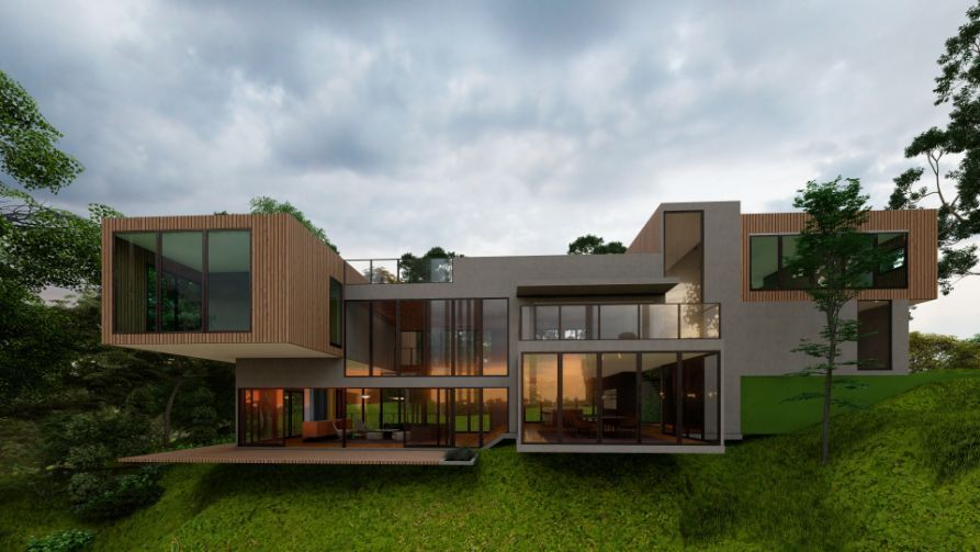 A Large House is Sitting on Top of a Hill Surrounded by Trees — Omni Builders In Bungalow, QLD