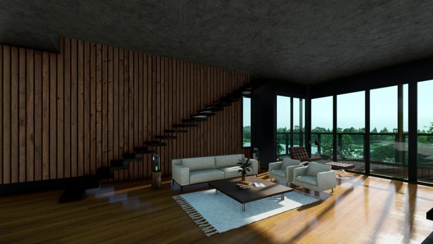 A Living Room With a Staircase Leading Up to the Second Floor — Omni Builders In Bungalow, QLD