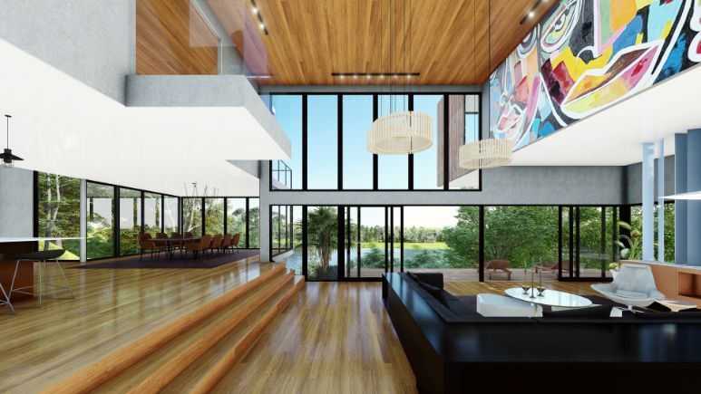 A Living Room With a Lot of Windows and a Painting on the Wall — Omni Builders In Bungalow, QLD