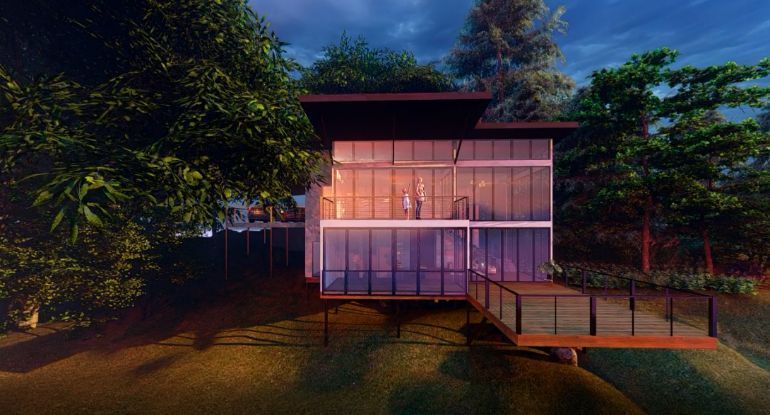 an Artist 's Impression of a Modern House on Stilts in the Middle of a Forest — Omni Builders In Bungalow, QLD