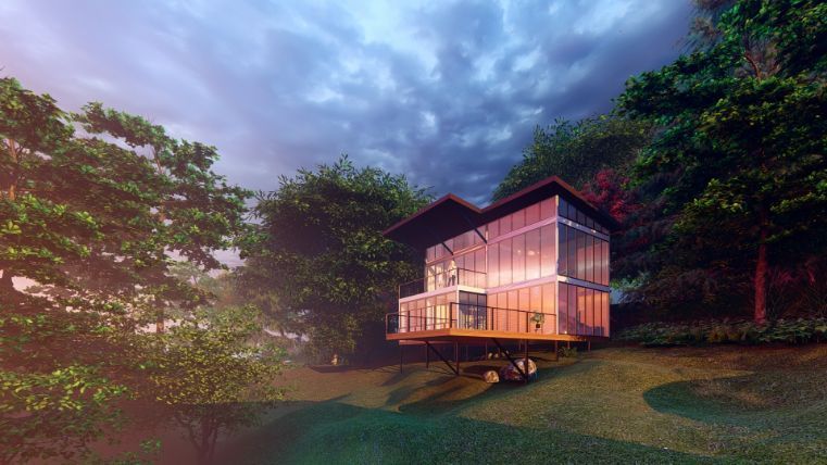 A House is Sitting on Top of a Grass Covered Hill Surrounded by Trees — Omni Builders In Bungalow, QLD