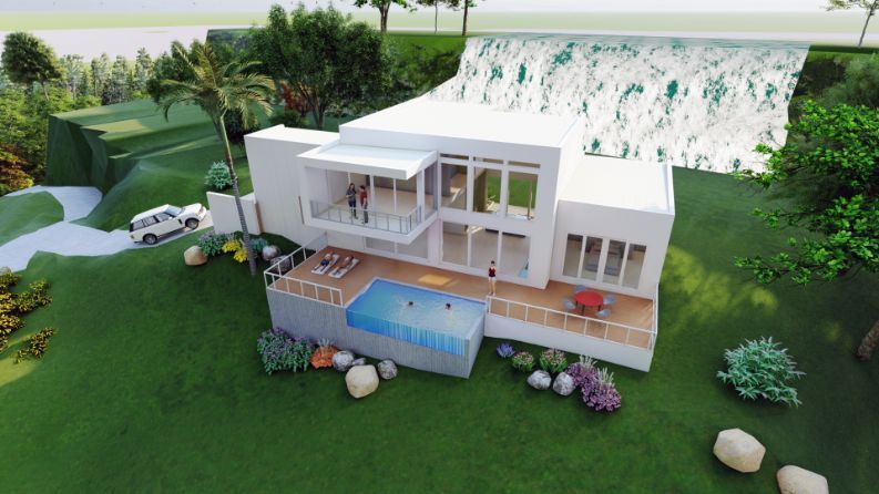 An Aerial View of a Modern House With a Pool and a Car Parked in Front of it — Omni Builders In Bungalow, QLD