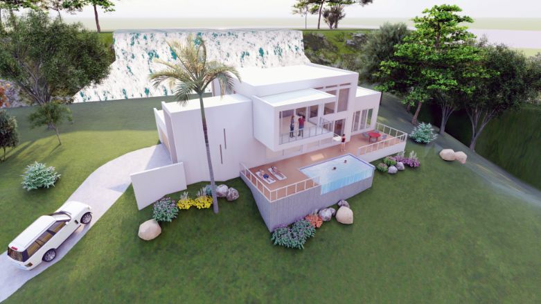 An Aerial View of a House With a Pool and a Car Parked in Front of It — Omni Builders In Bungalow, QLD