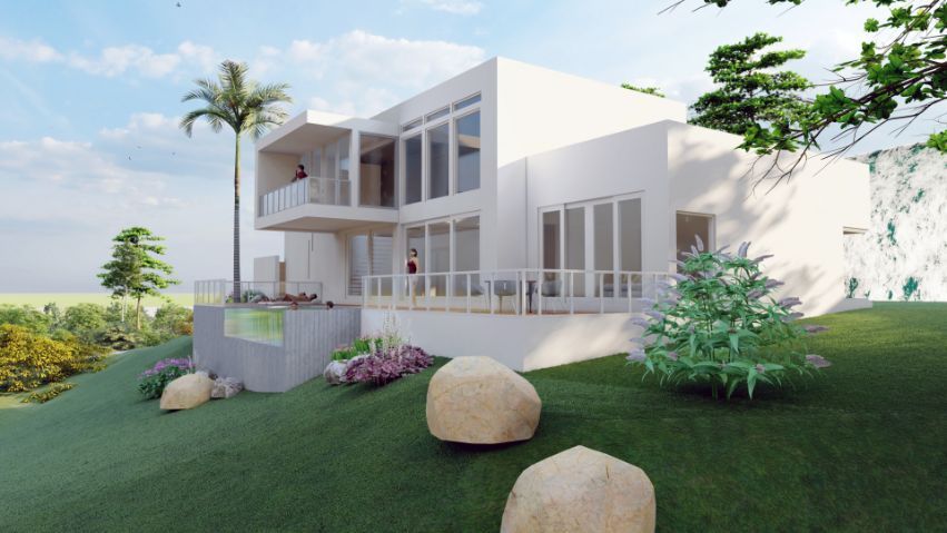 A Large White House is Sitting on Top of a Grassy Hill — Omni Builders In Bungalow, QLD