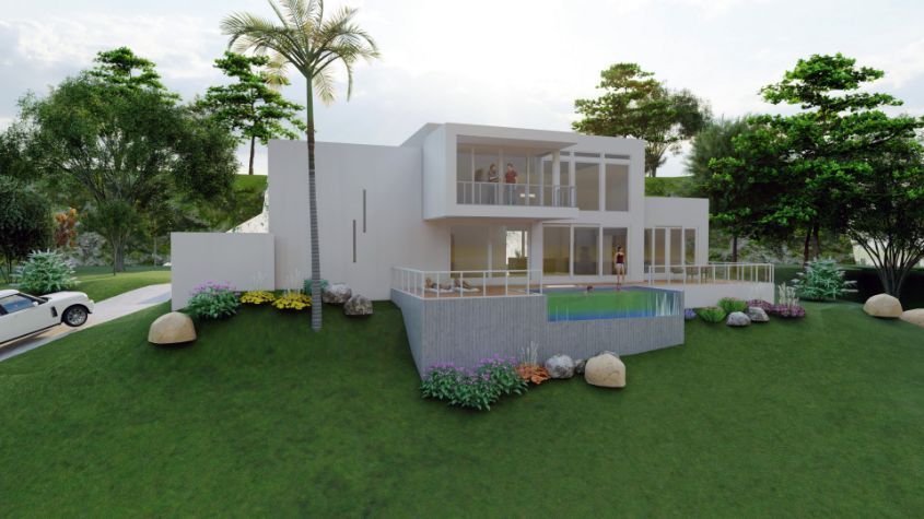 A White House With a Pool in the Backyard is Surrounded by Trees and Grass — Omni Builders In Bungalow, QLD