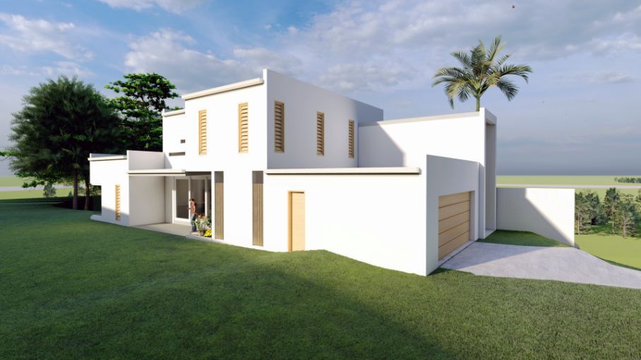 An Artist 's Impression of a White House With a Palm Tree in the Background — Omni Builders In Bungalow, QLD