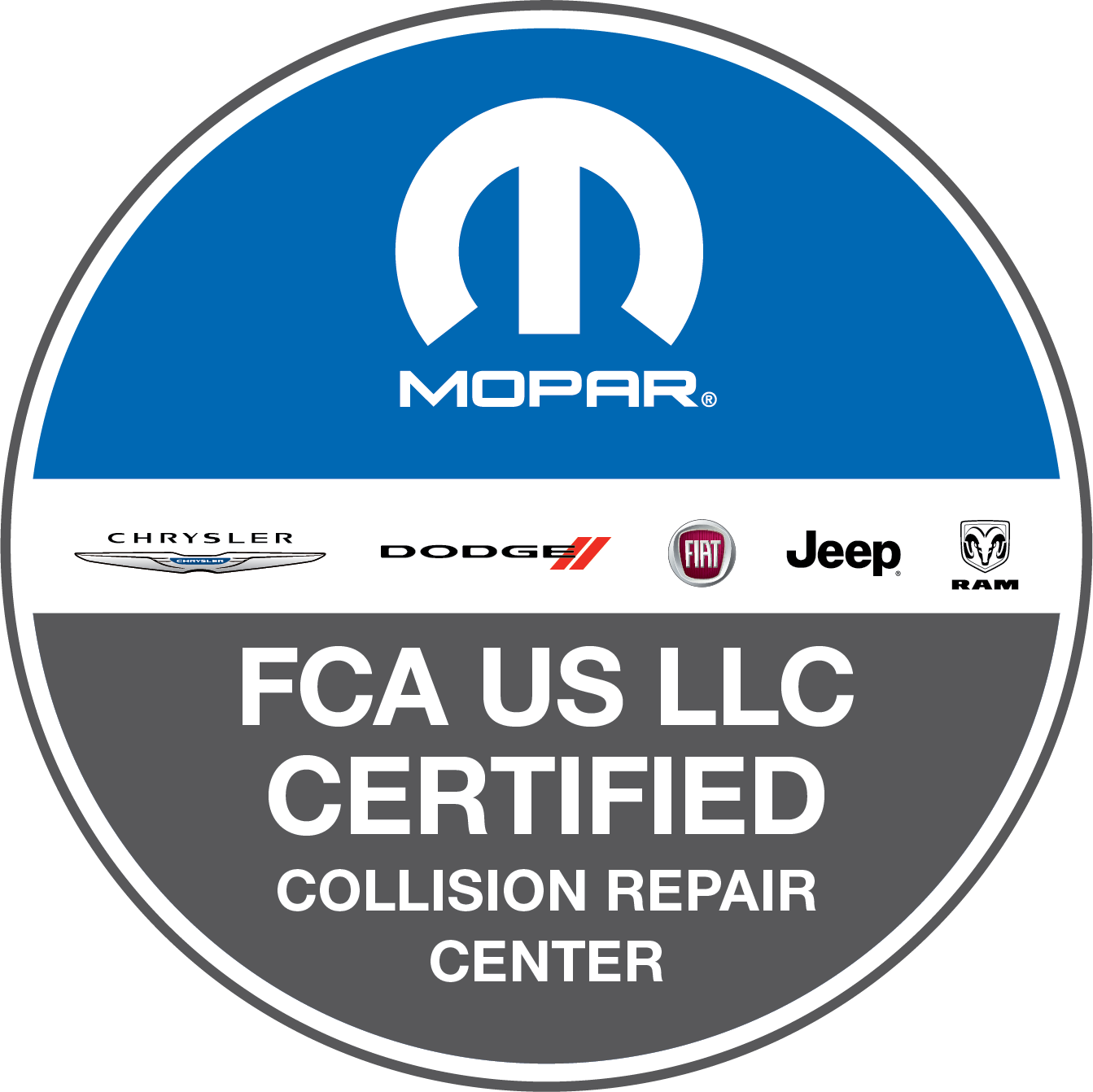 Mopar certified collision repair center badge with blue and gray circles and FCA US LLC brands.