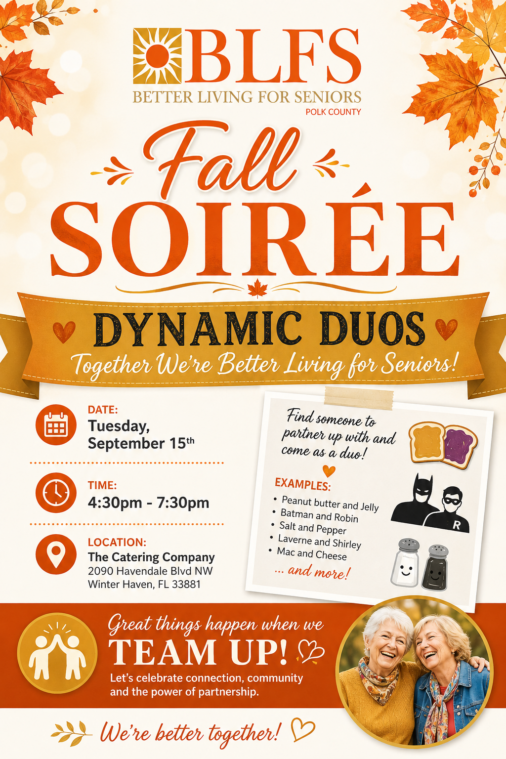 BLFS Fall Soirée poster in orange and white with autumn leaves, dynamic duos theme, date, time, and team-up invitation
