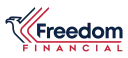 Freedom Financial logo in red and blue with a stylized flag swoosh and white background