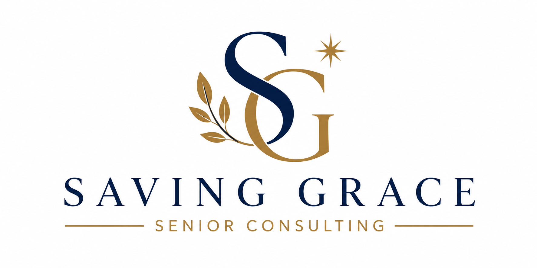 Saving Grace Senior Consulting logo in navy and gold with stylized SG monogram and star
