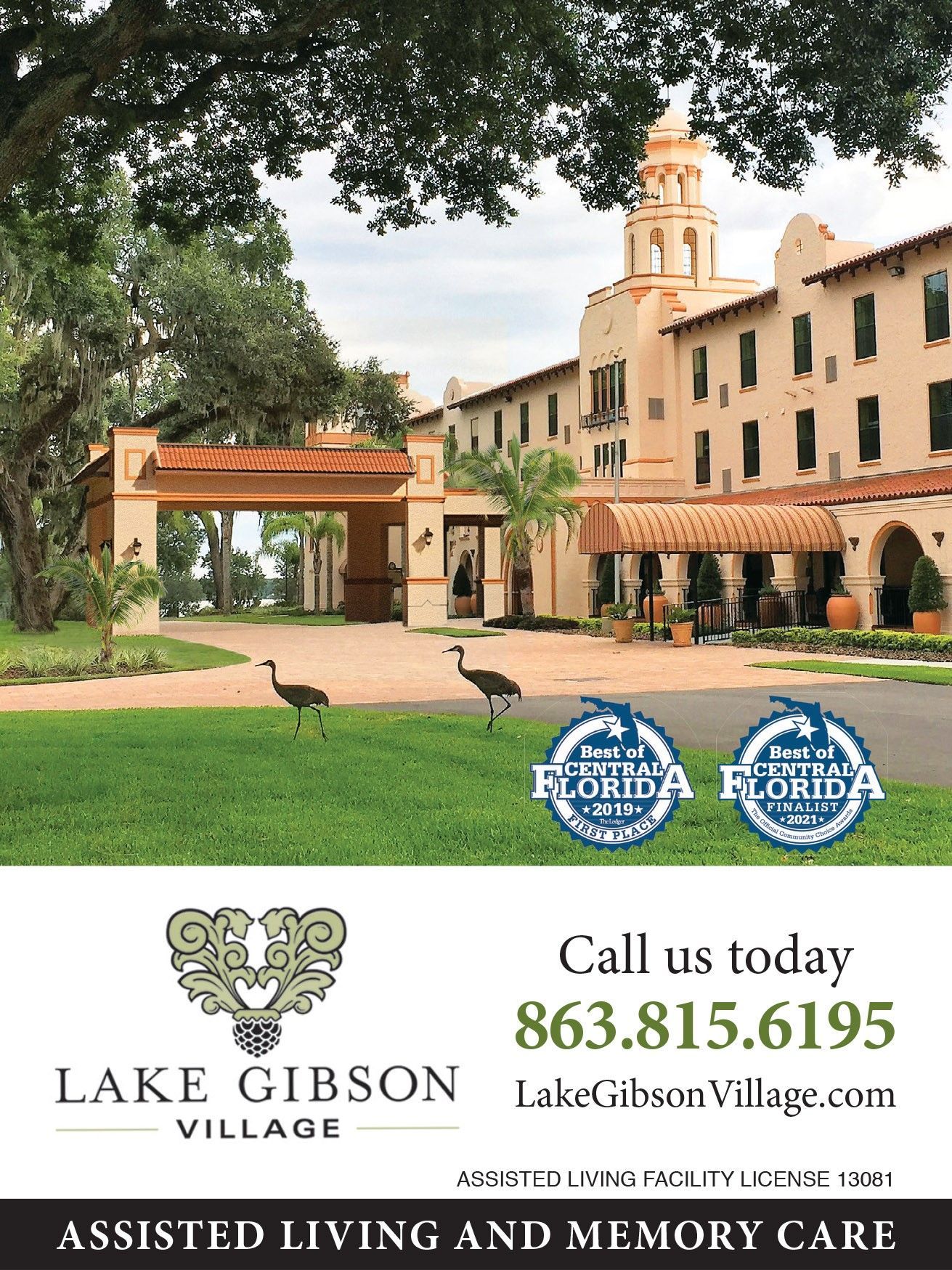 Lake Gibson Village senior living campus with courtyard, beige buildings, and “Call us today” contact info