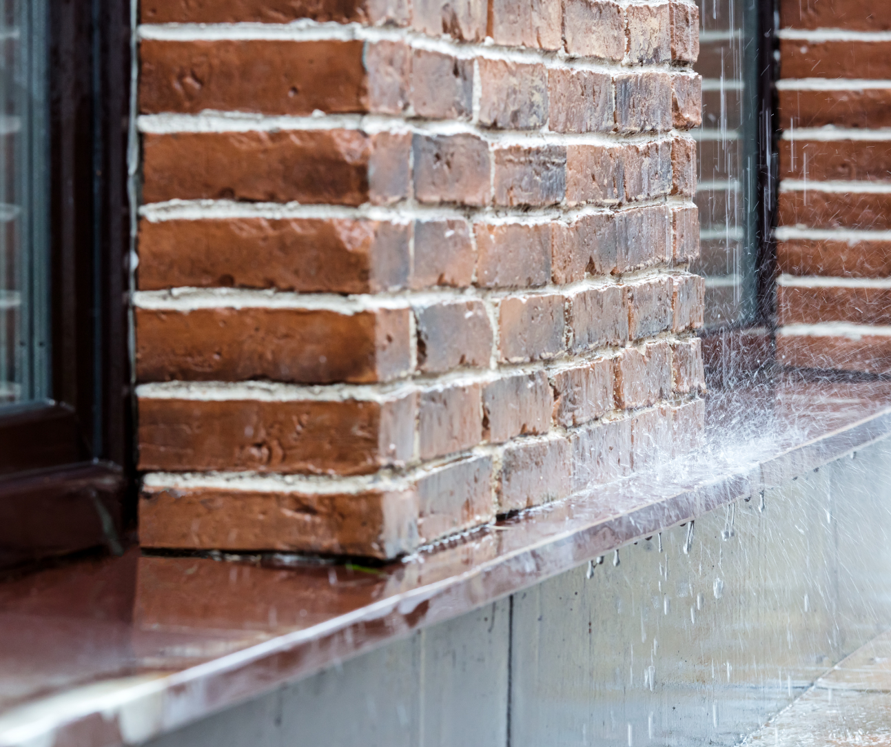 Rain splashing against a brick wall and windowsill beside a building window