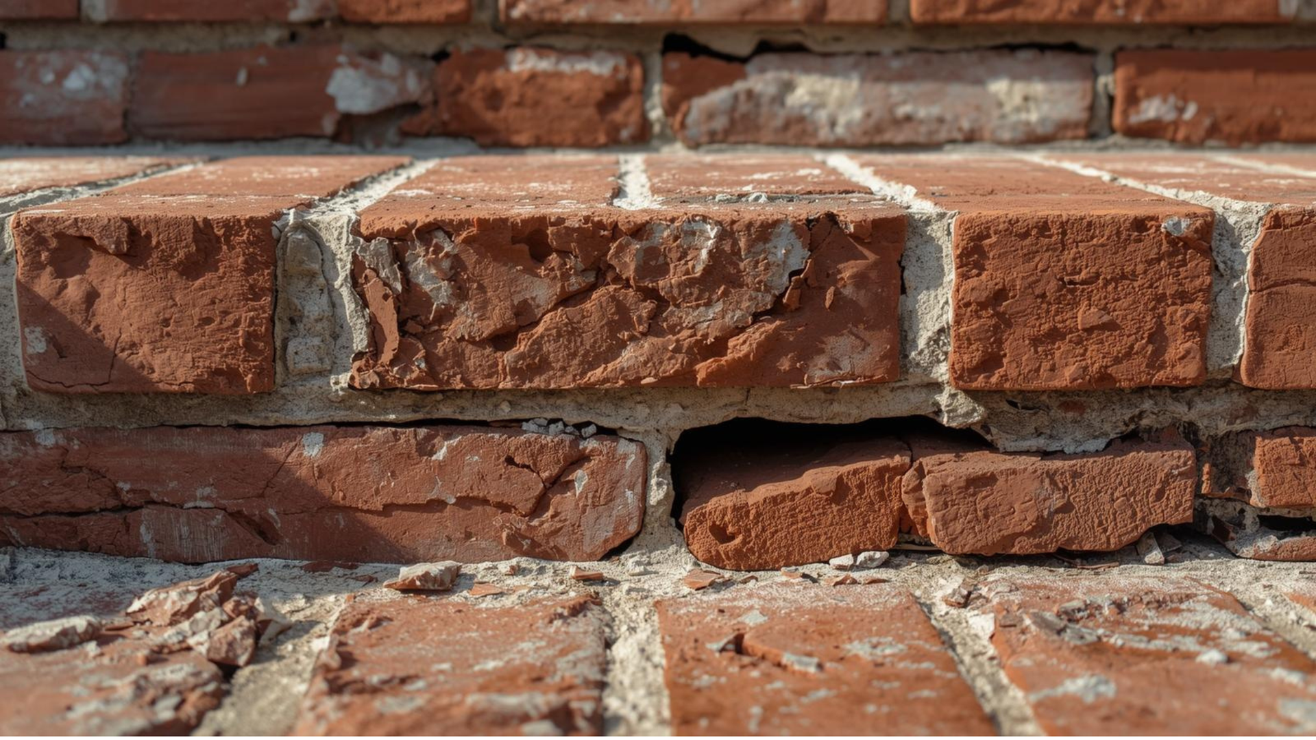 Close-up of damaged red brick wall with crumbling mortar and a broken gap Close-up of damaged red brick wall with crumbling mortar and a broken gap