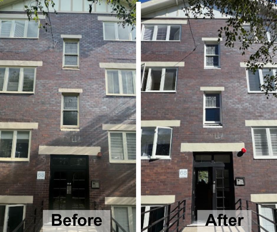 Before and after photo of Keystone Pointing's masonry restoration for a Cremorne Point Block Unit