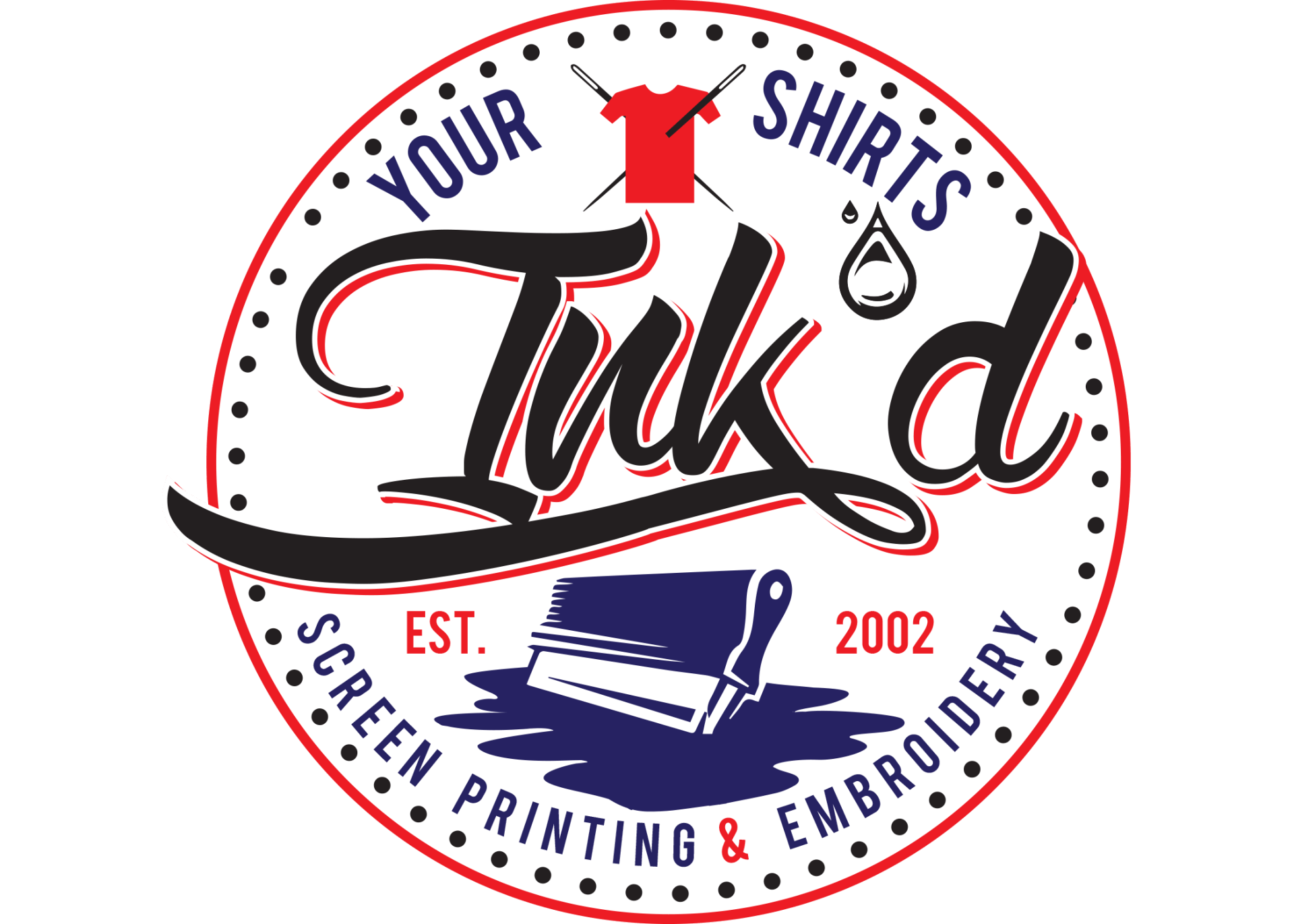 Logo for "Ink'd" with text and screen printing design elements. Features red, black, blue, and white.