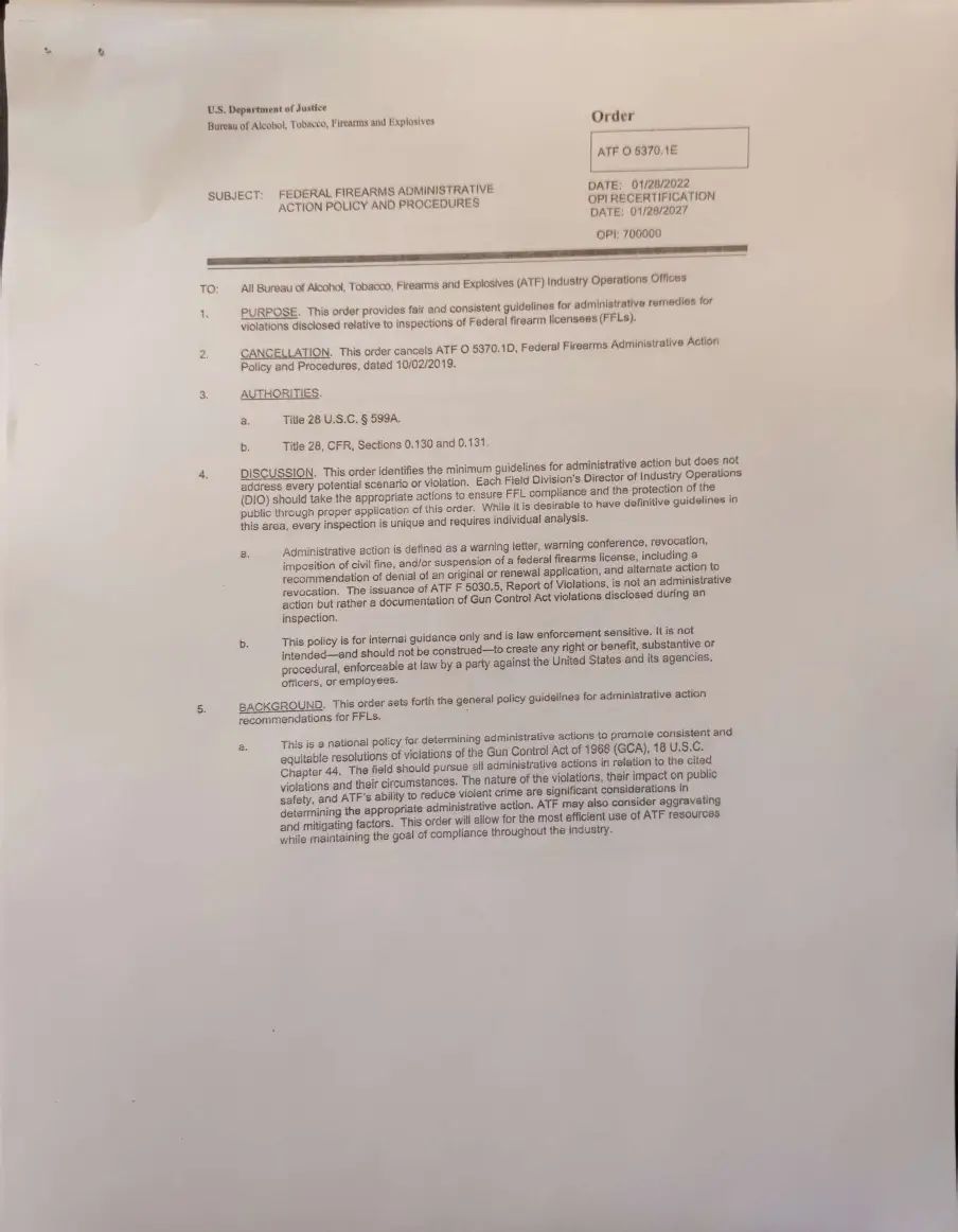 2022 ATF O.5370.1E Federal Firearms Administrative Action Policy Procedures 2022 ATF O.5370.1E Federal Firearms Administrative Action Policy Procedures
