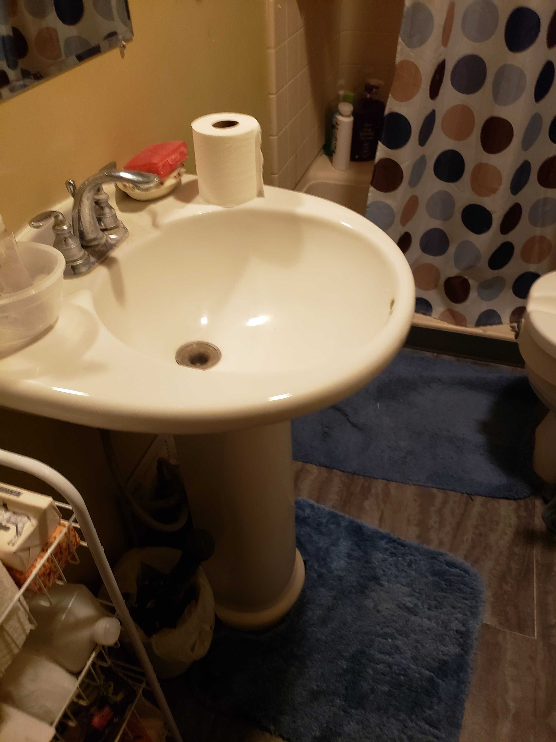 A bathroom with a polka dot shower curtain and a sink