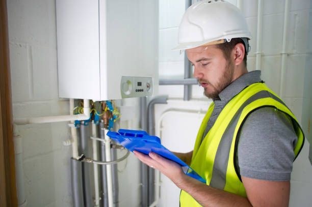 A man in a hard hat is holding a clipboard in front of a boiler.