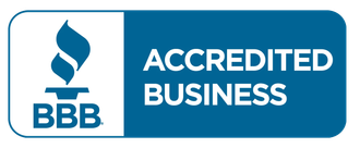The bbb logo is blue and white and says accredited business.