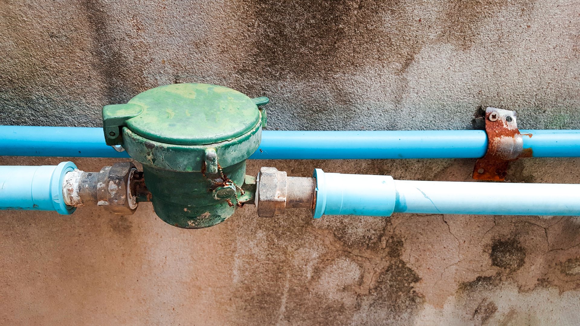 A water meter is attached to a blue pipe on a wall.