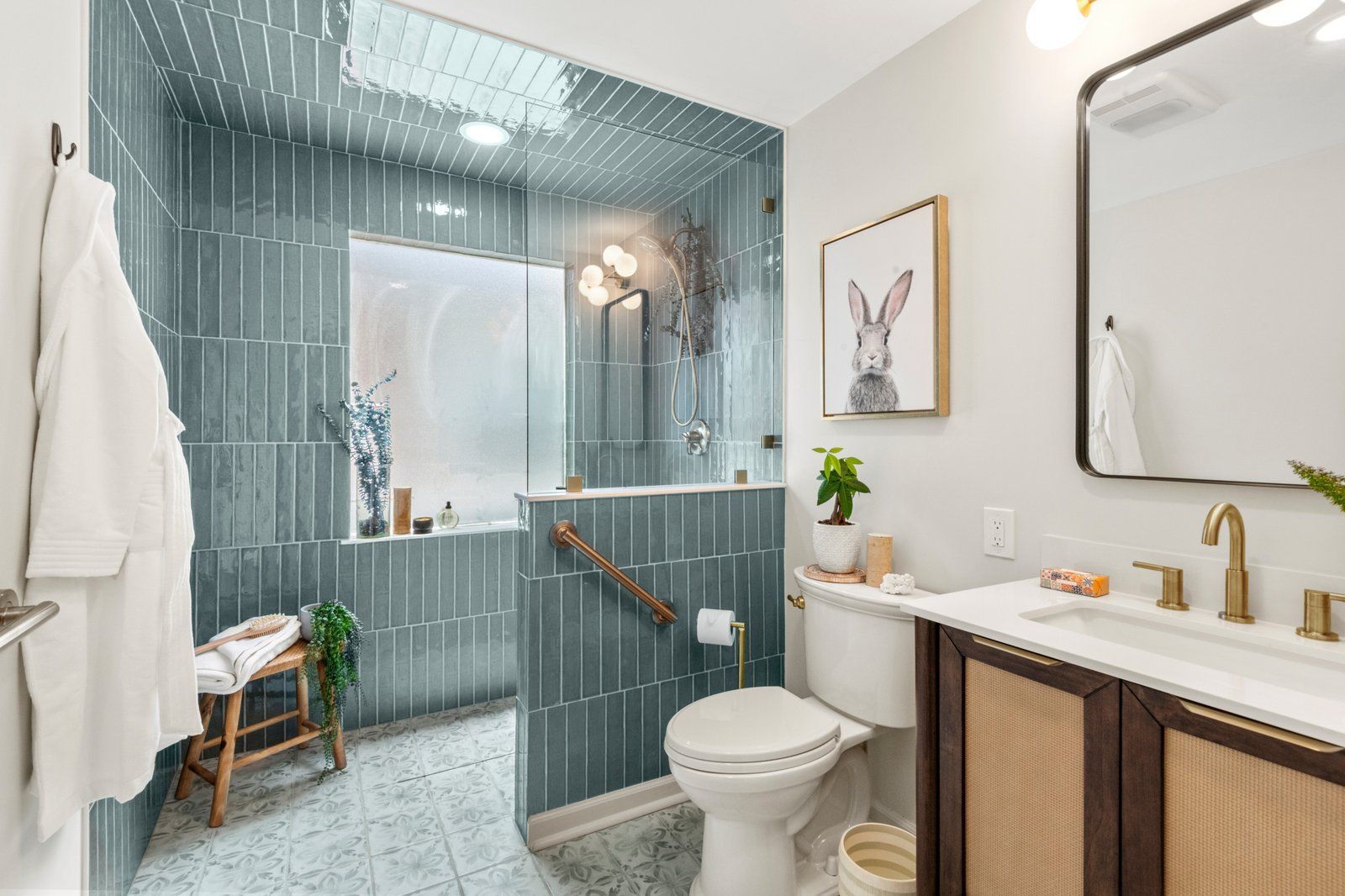 accessible and ada compliant bathroom with detachable shower head and shower seat