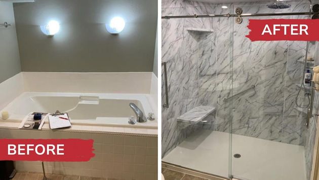 tub to shower conversion bathroom with white shower and detachable black shower head