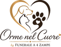 Logo con sagome di animali domestici a forma di cuore in oro e marrone e testo “Orme nel Cuore by FUNERALE A 4 ZAMPE”