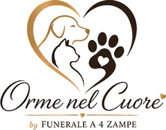 Logo con sagome di animali domestici a forma di cuore in oro e marrone e testo “Orme nel Cuore by FUNERALE A 4 ZAMPE”