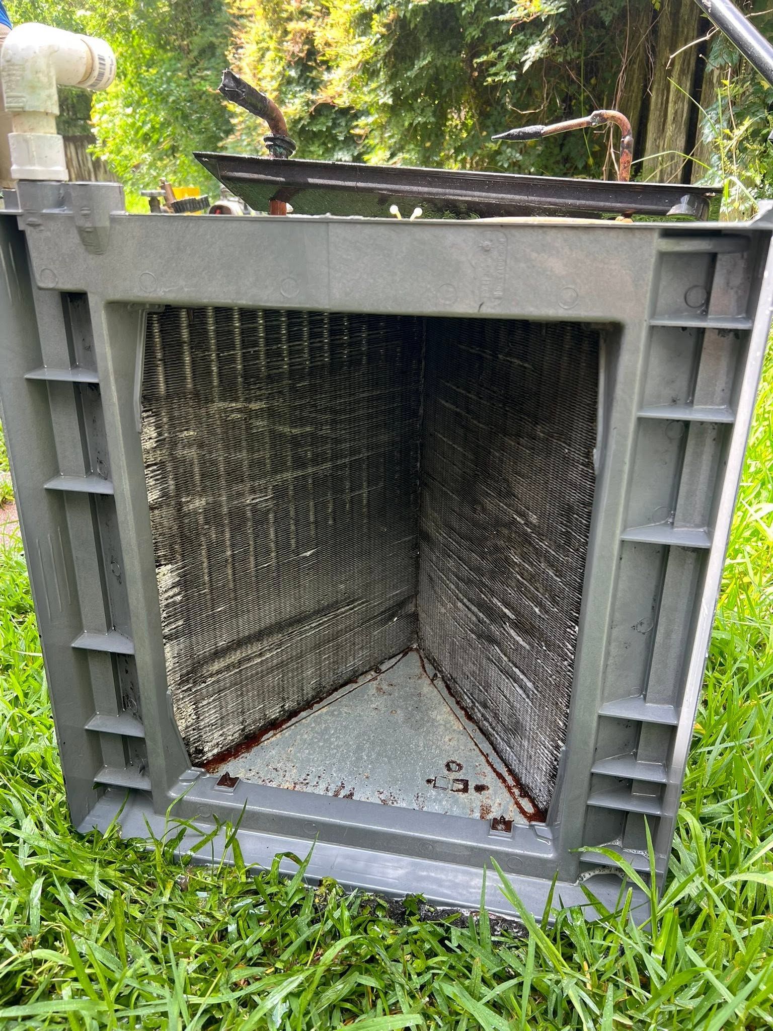 Metal animal trap cage with a dark interior, set outdoors on grass near trees.