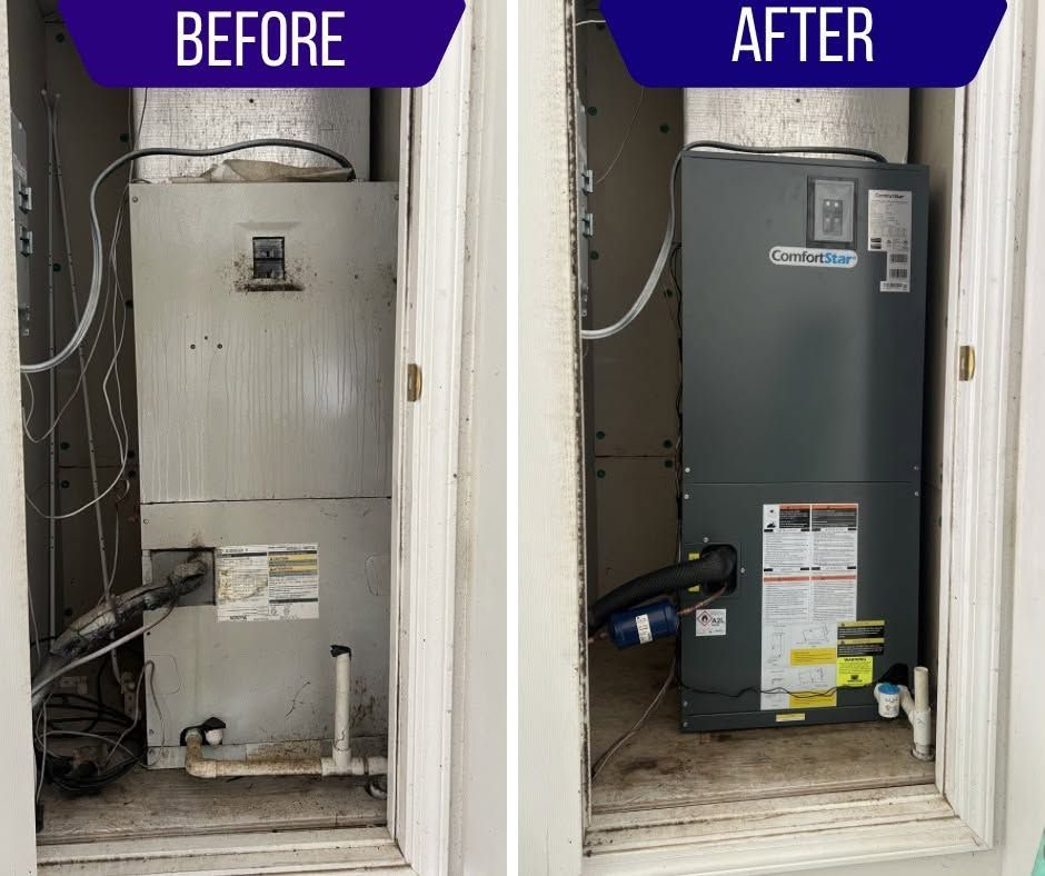 Before-and-after photo of a furnace closet, showing an old gray unit replaced with a newer dark gray one.