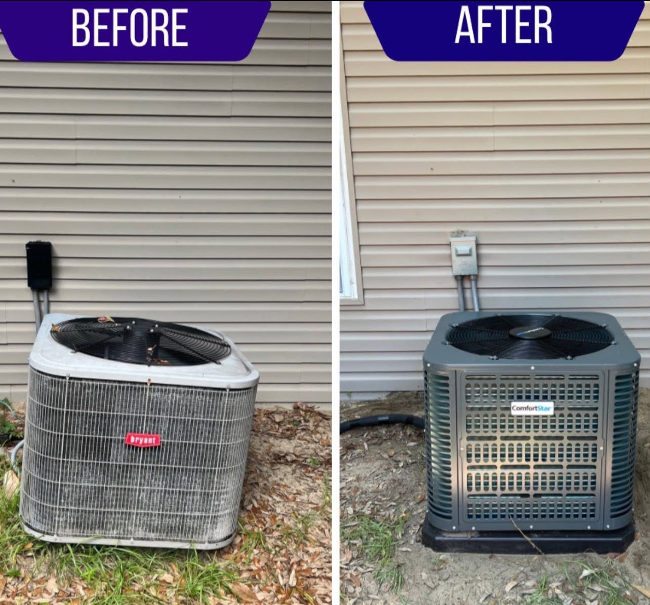 Before-and-after of an outdoor air conditioner unit, dirty on the left and cleaned on the right.
