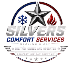 Silver heating and air logo with a star, snowflake, and red heat flame above “Silvers Comfort Services”