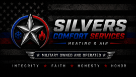 SILVERS Comfort Services logo with star emblem, blue and red accents, and slogan &ldquo;Heating & Air&rdquo; on dark background