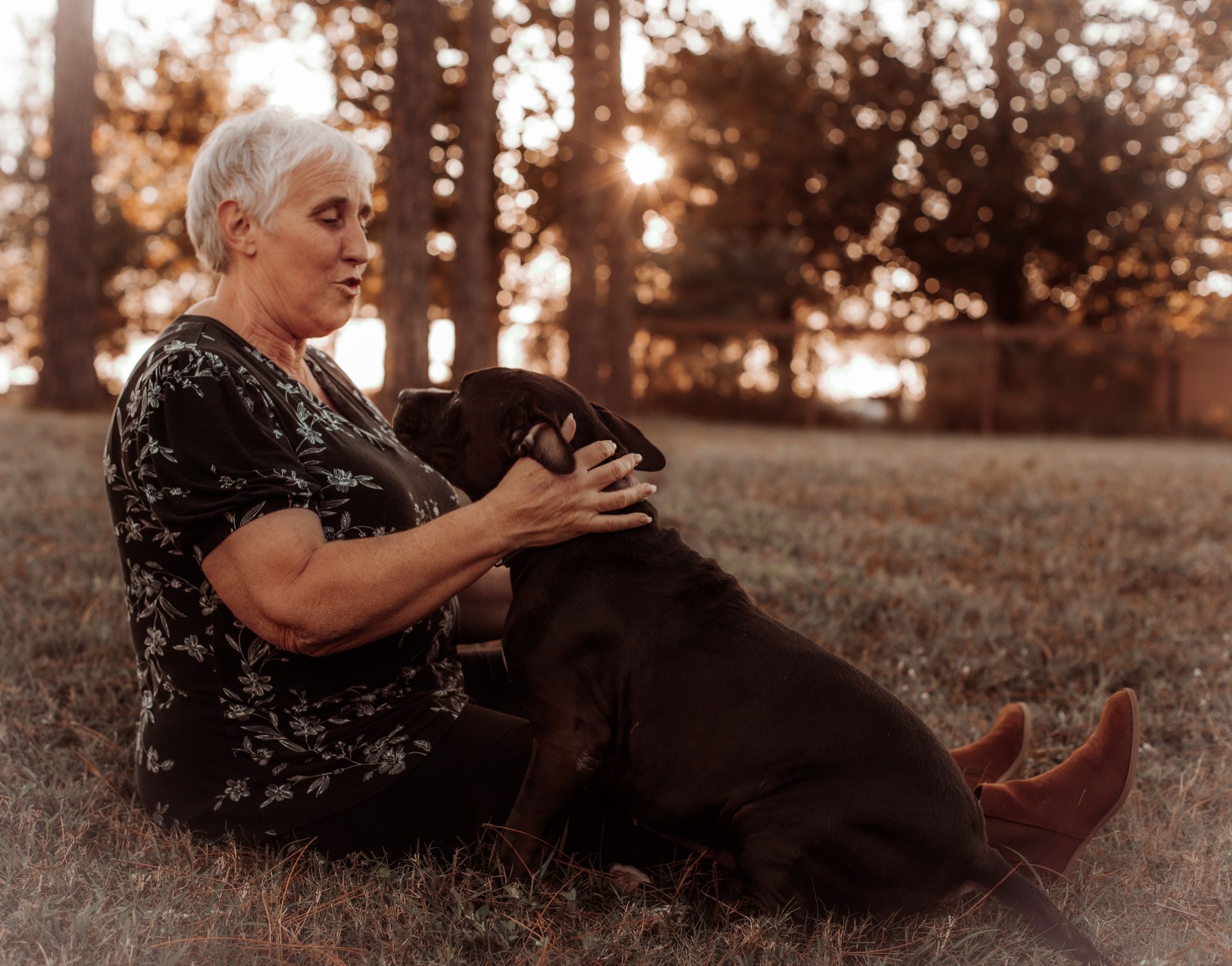 Adult dog sitting attentively beside its owner in a garden